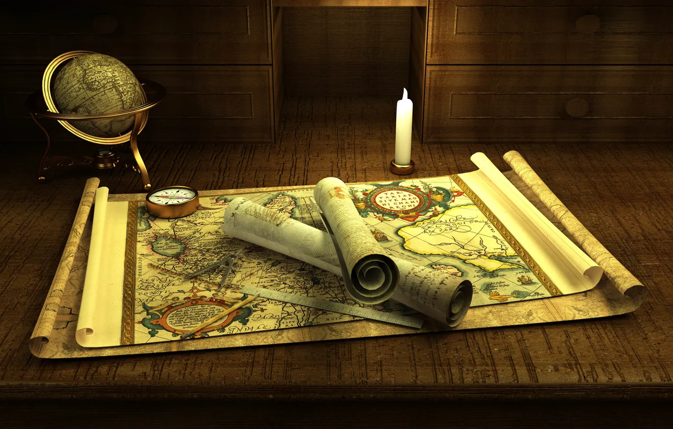Фото обои romance, compass, candle, adventure, globe, old maps, manuscripts, treasure hunting