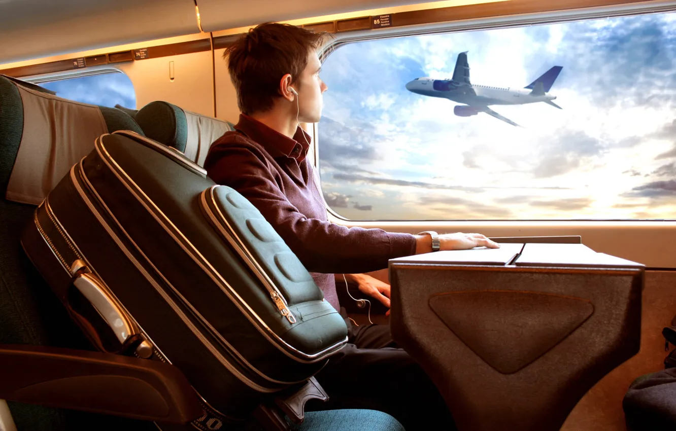 Фото обои самолет, иллюминатор, парень, поездка, багаж