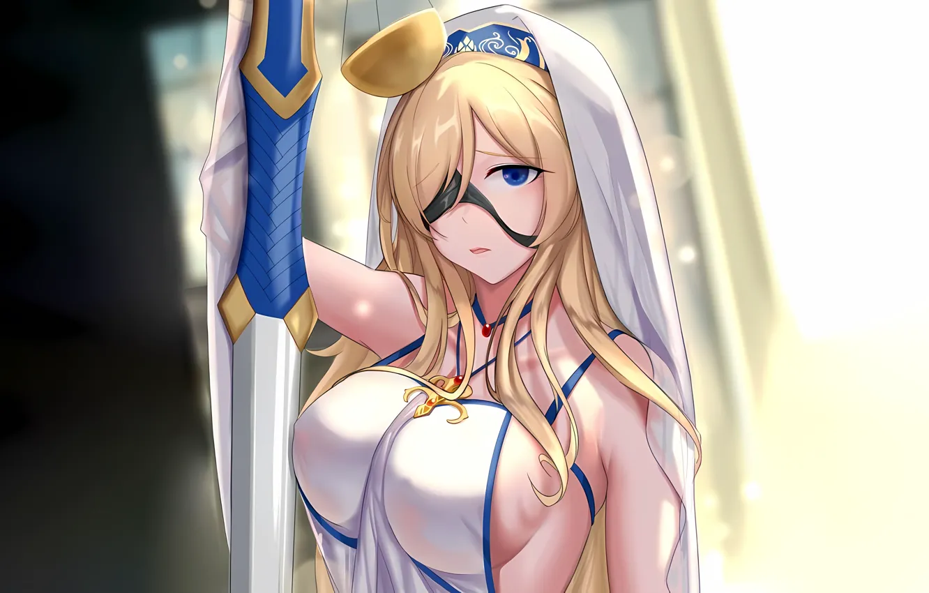 Фото обои girl, sword, sexy, cleavage, long hair, dress, boobs, anime