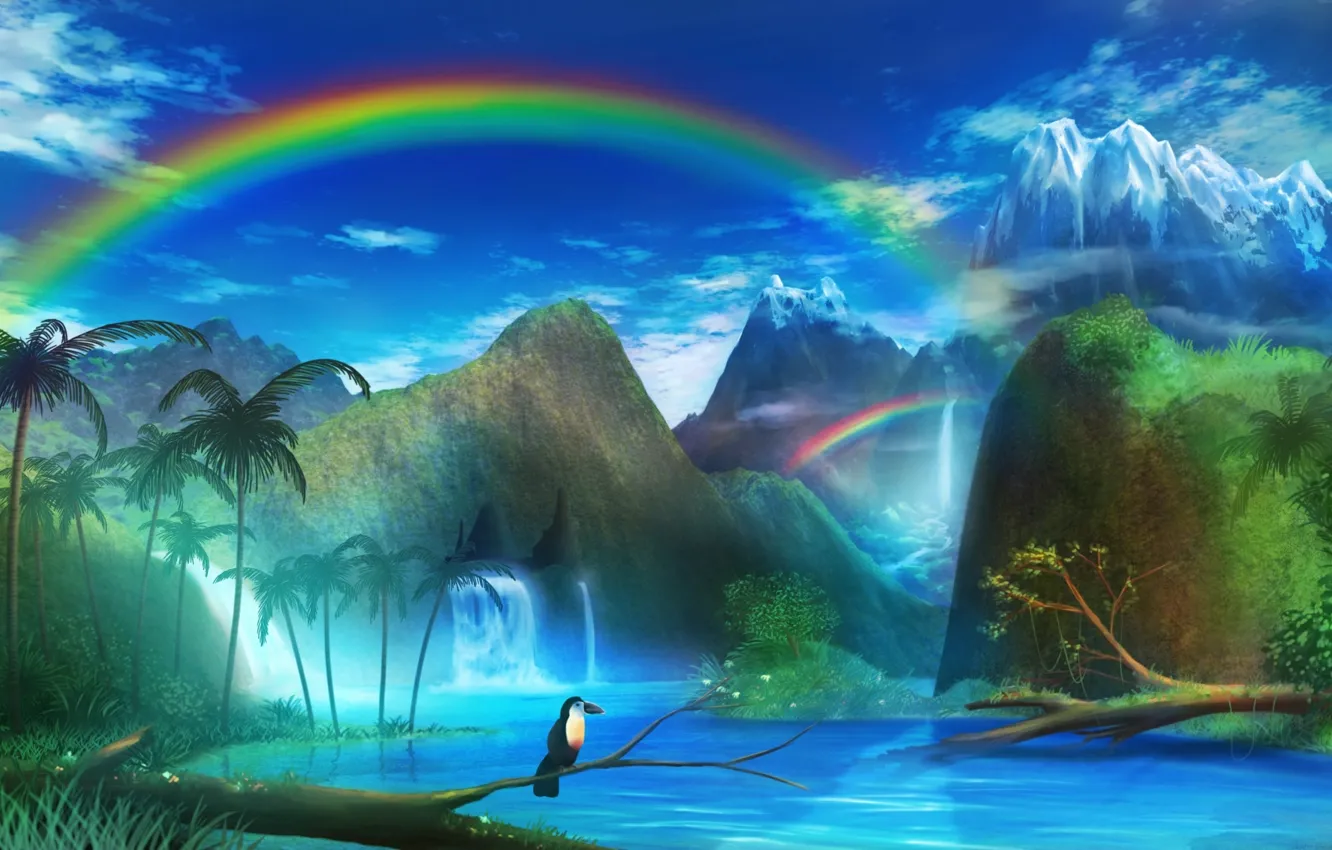 Фото обои пейзаж, горы, река, пальмы, птица, радуга, арт, monorisu