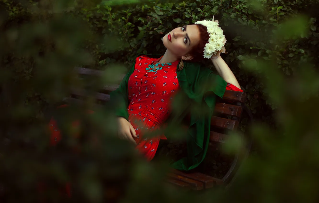 Фото обои девушка, поза, парк, платье