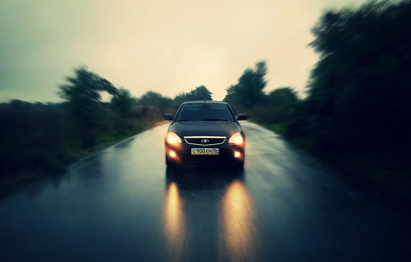 Фото обои дорога, машина, авто, дождь, Lada, auto, Лада, Ваз