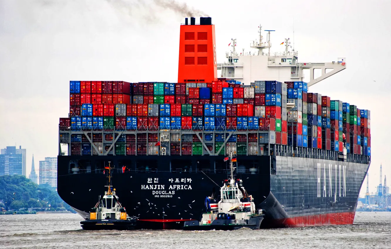 Фото обои Судно, Контейнеровоз, Hamburg, Буксиры, Корма, Vessel, Hanjin, Container Ship