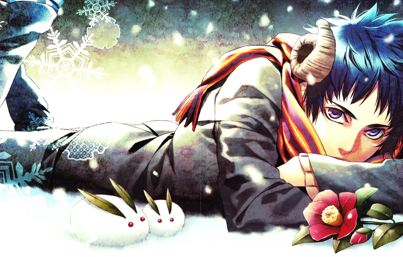 Фото обои зима, цветок, снег, снежинки, аниме, шарф, арт, рога