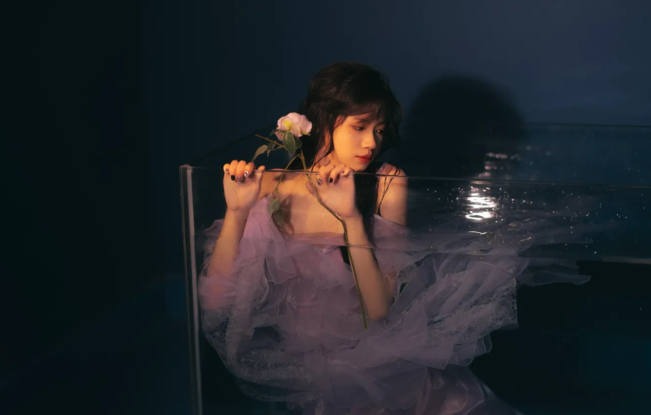Фото обои Aquarium, Asian, Model, Glass, Rose, Water, Woman