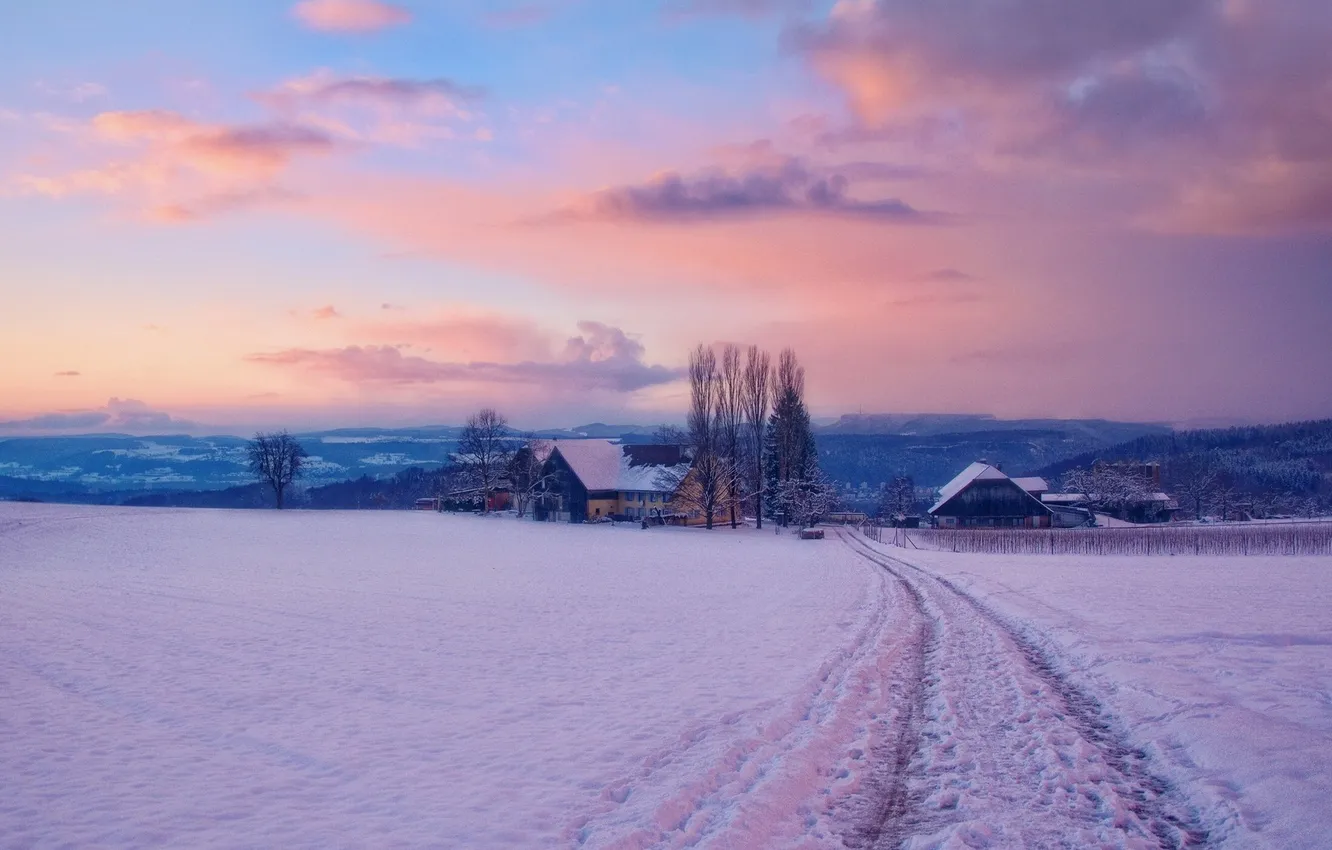 Фото обои зима, снег, рассвет, деревня