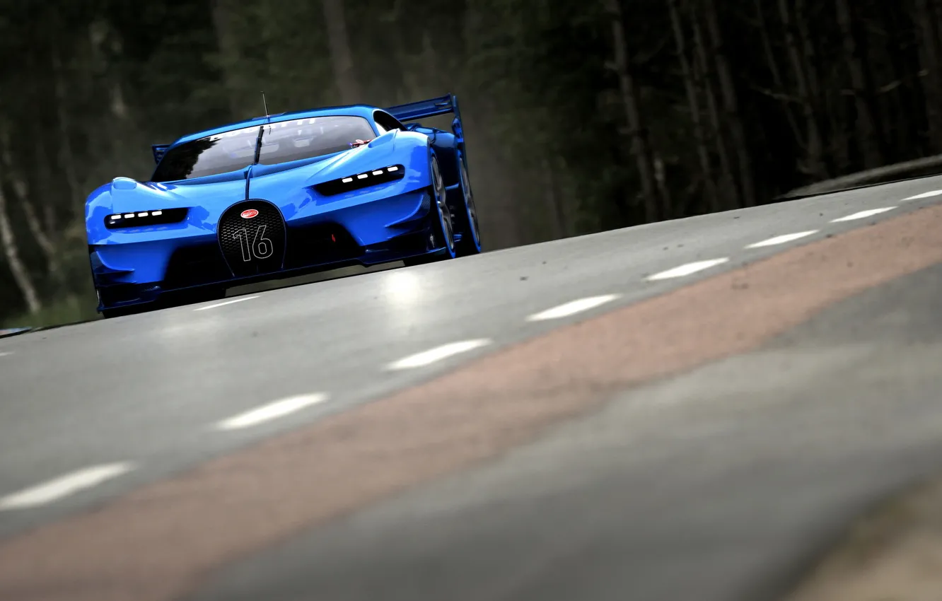 Фото обои асфальт, разметка, скорость, поворот, вираж, Bugatti, Vision, трек