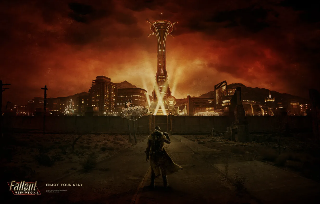 Фото обои дорога, ночь, город, огни, Fallout, рейнджер, New Vegas