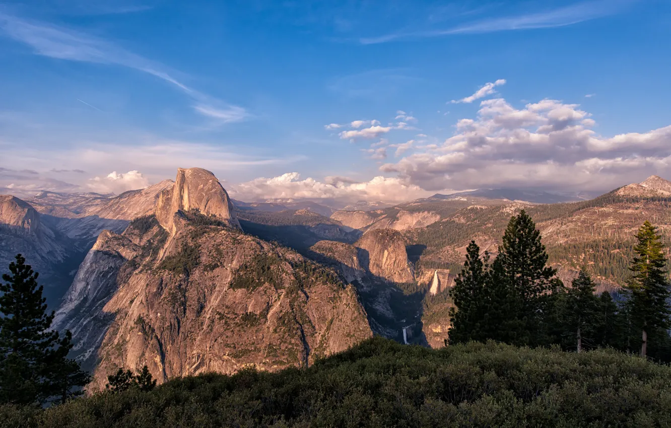 Фото обои лес, горы, вид, высота, долина, Калифорния, California, Национальный парк Йосемити