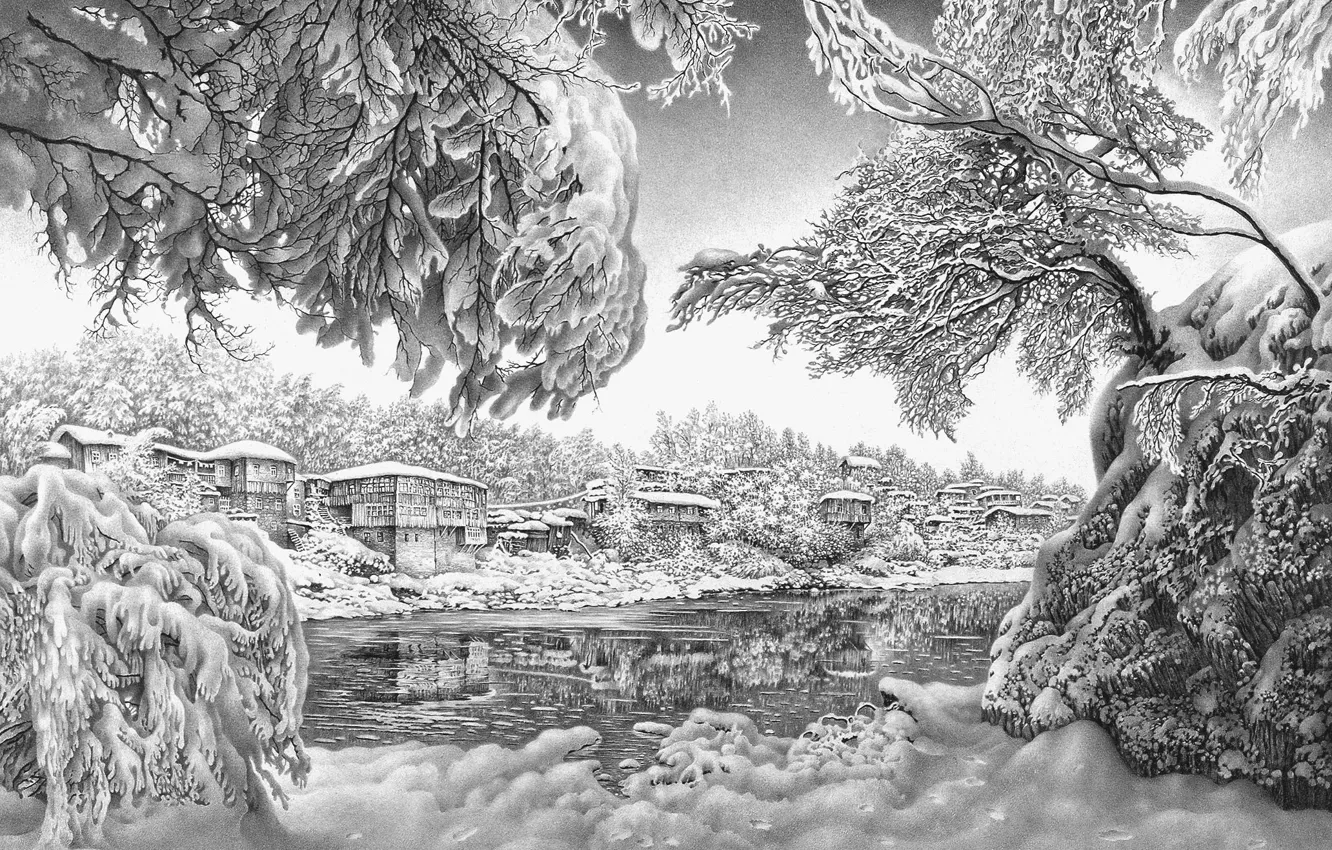 Фото обои зима, природа, арт, карандаш, чёрно белое, GURAM