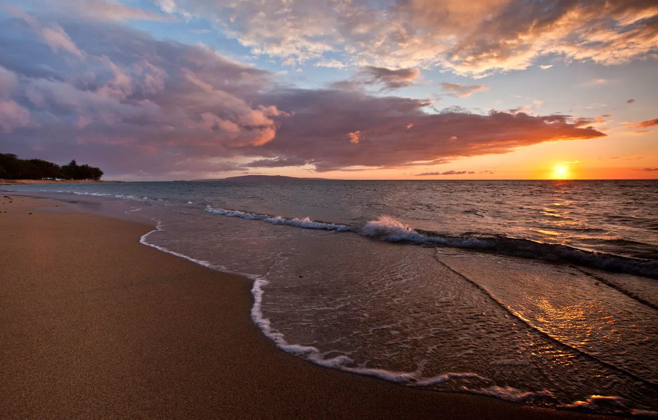 Фото обои песок, море, волны, пляж, закат