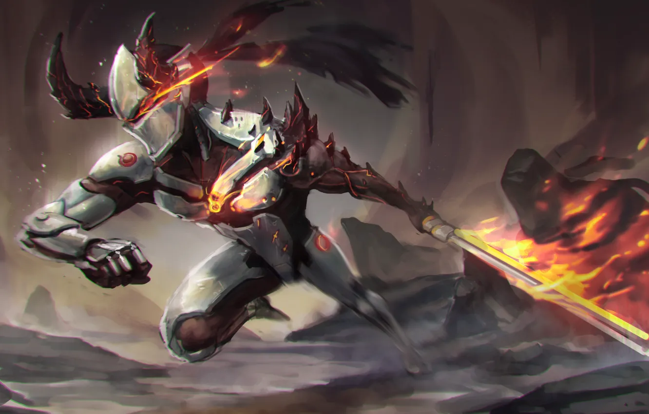 Фото обои fire, flame, sword, game, armor, mecha, weapon, man