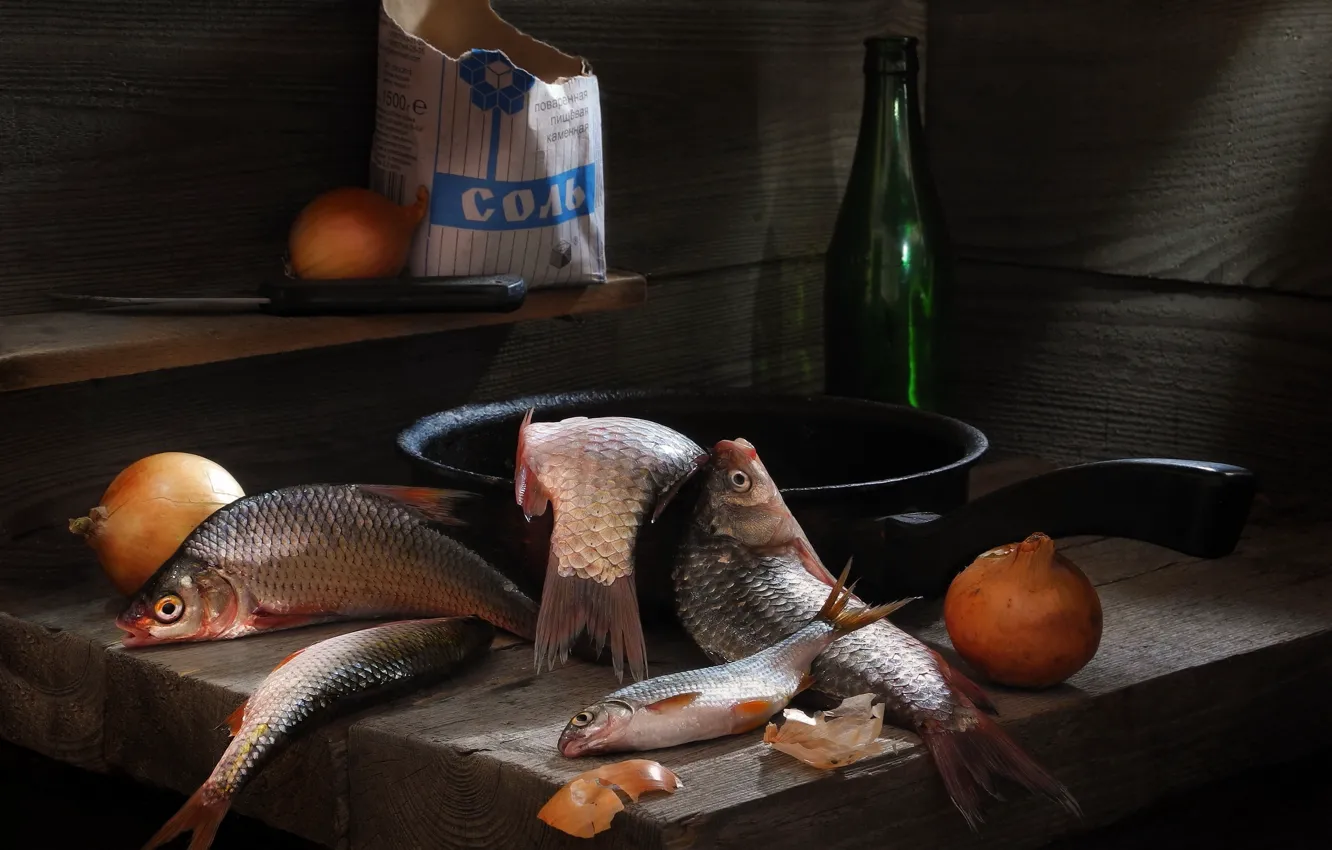 Фото обои рыба, лук, соль, плотва, карась