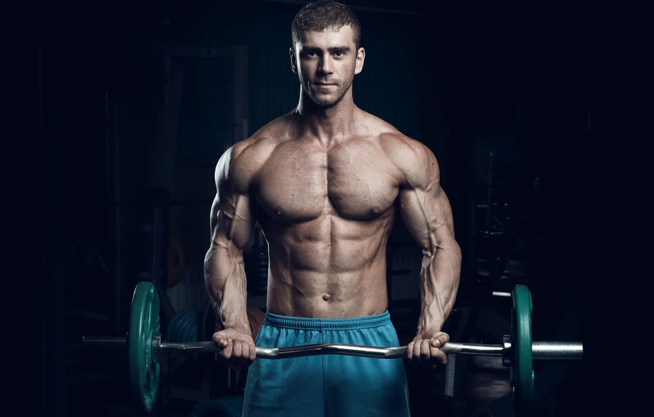Фото обои поза, фигура, muscle, мышцы, штанга, пресс, бодибилдер, abs