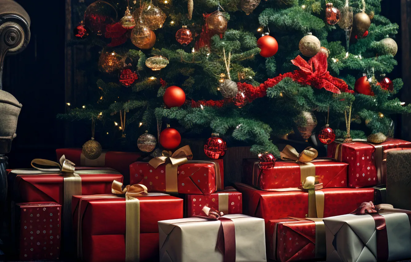Фото обои украшения, шары, елка, Новый Год, Рождество, подарки, new year, happy