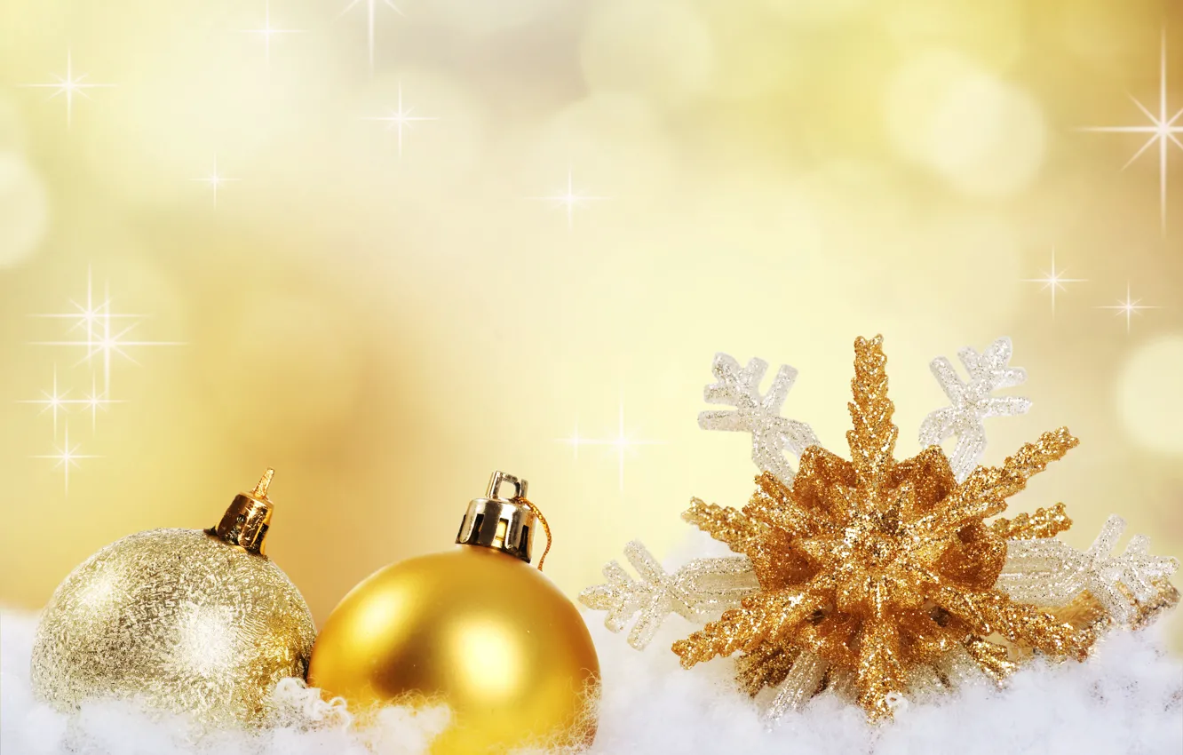 Фото обои снег, золото, праздник, шары, новый год, снежинка