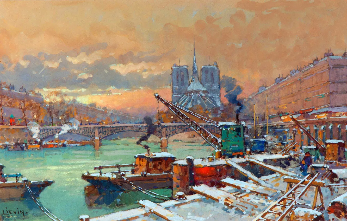 Фото обои Мост, Набережная, Картина, Кран, Корабли, Eugene Galien-Laloue, Эжен Гальен-Лалу, Снежная набережная Сены в Париже