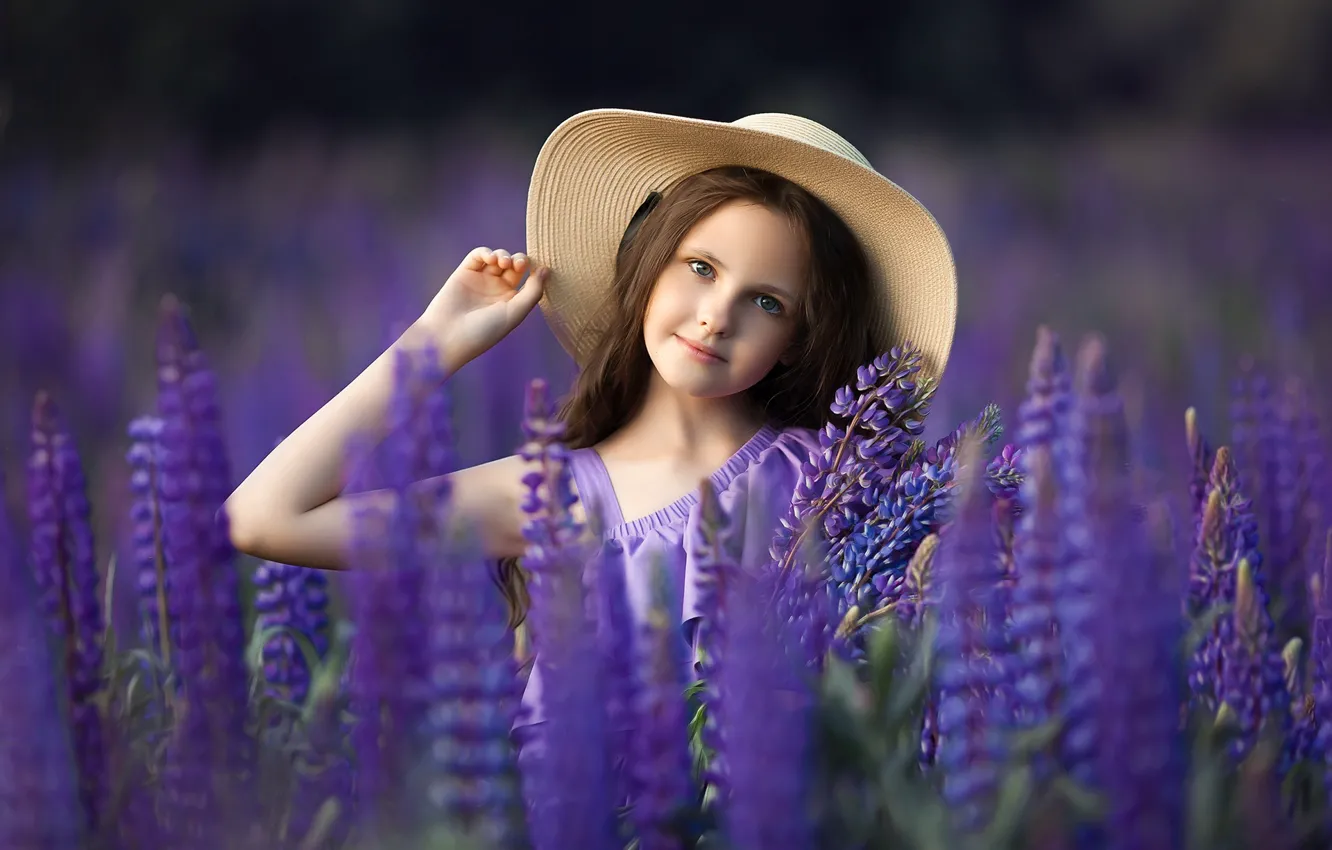 Фото обои поле, лето, цветы, природа, портрет, шляпа, девочка, ребёнок