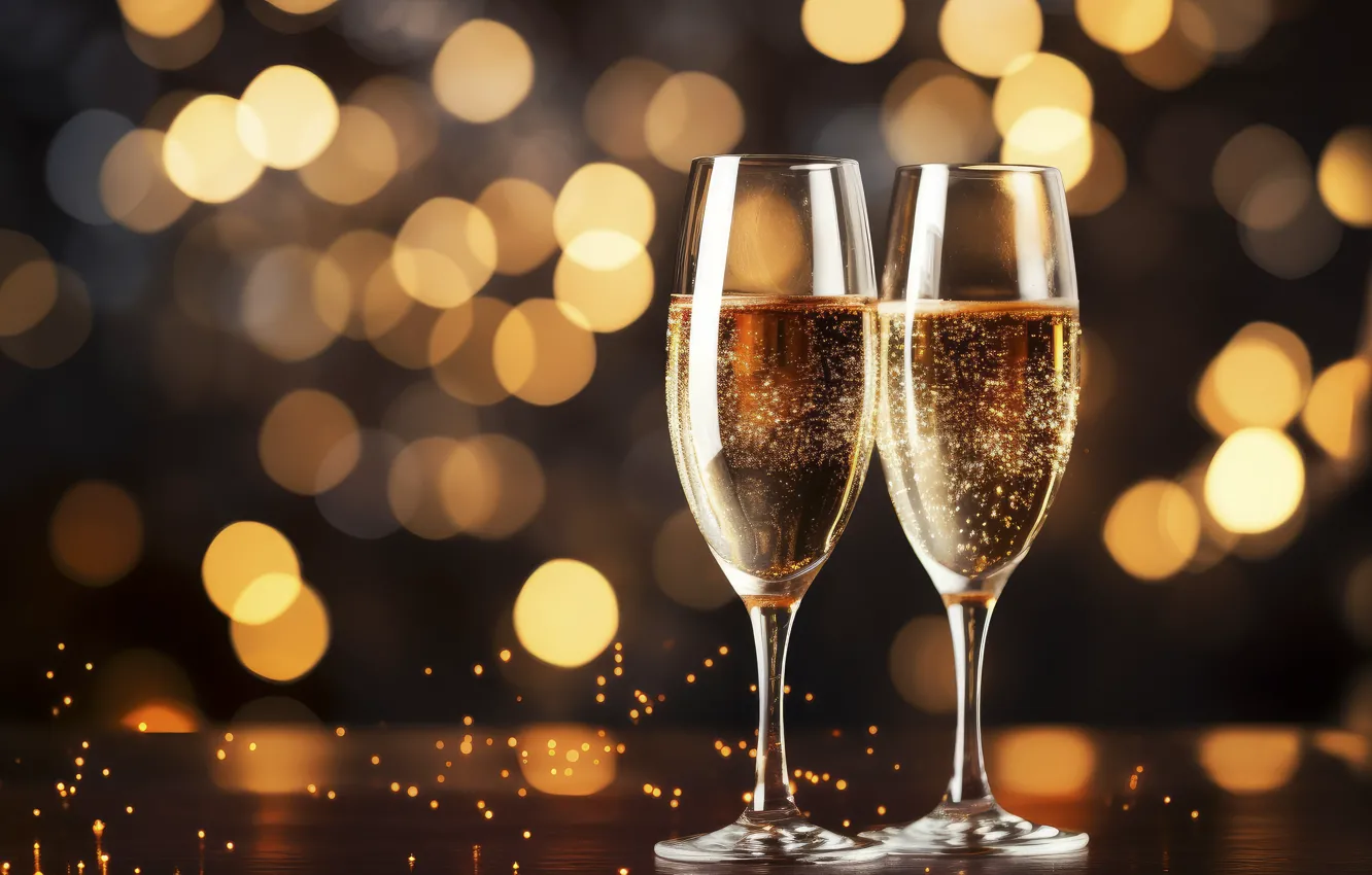 Фото обои Новый Год, бокалы, golden, new year, шампанское, happy, Christmas, bokeh