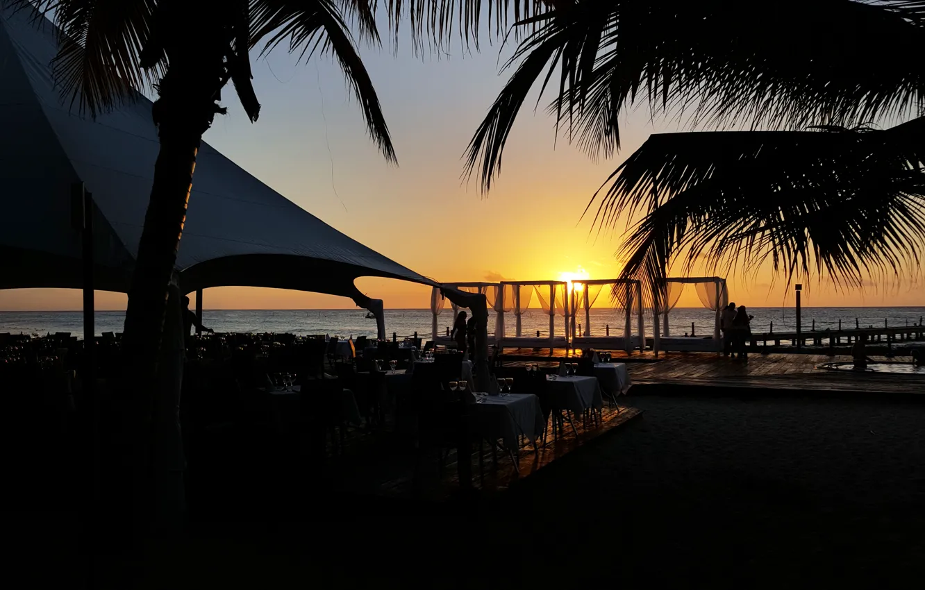 Фото обои пляж, закат, природа, landscape, ужин, Доминикана, Tropical beach sunset