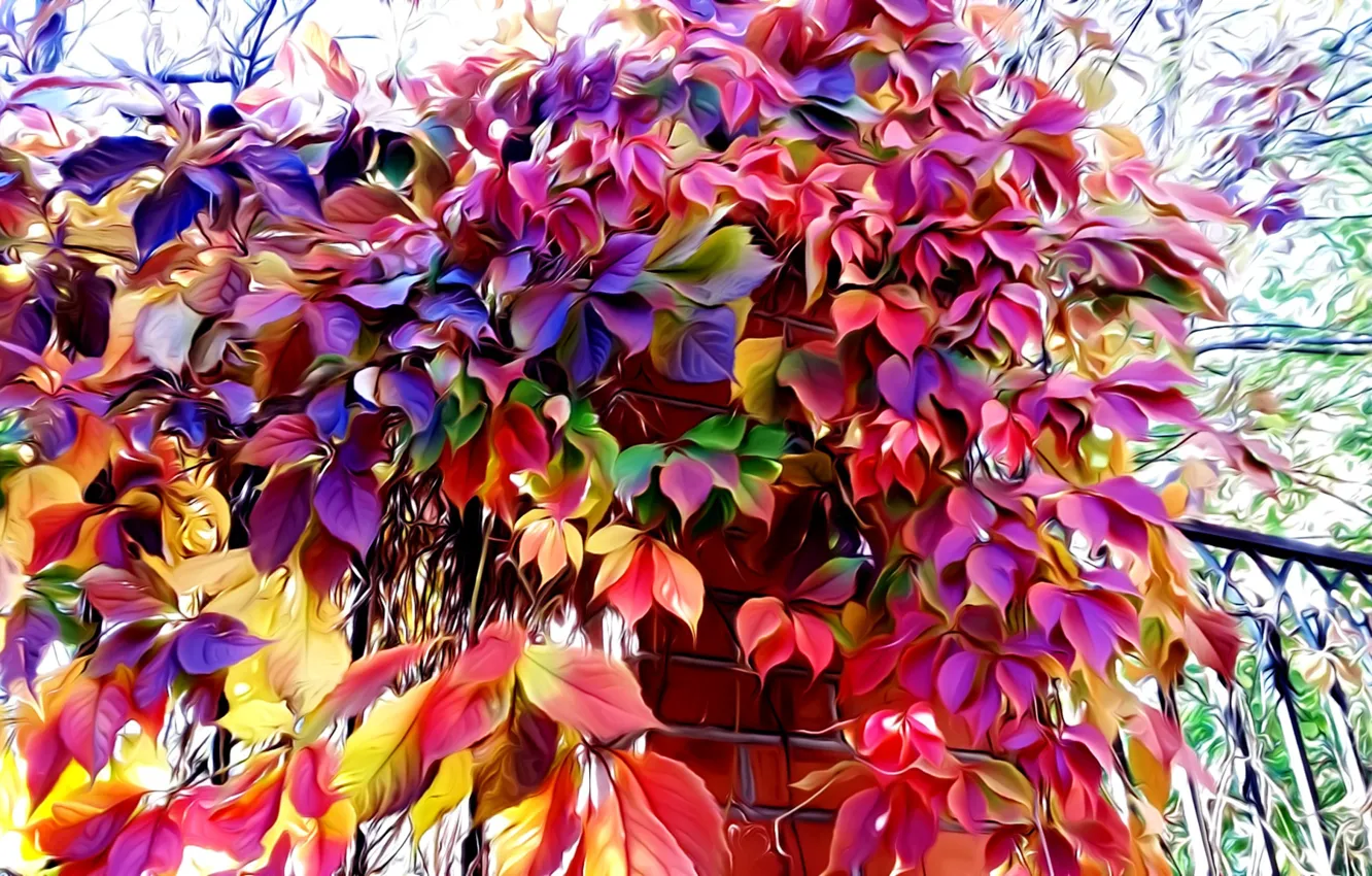 Фото обои рендеринг, ограда, картинка, осенние листья, дикий виноград, осенние краски, кирпичная кладка