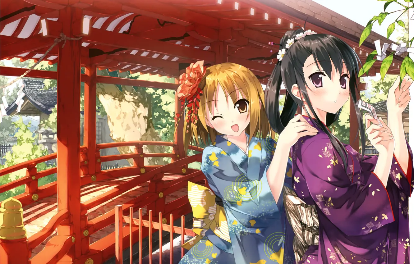 Фото обои япония, храм, кимоно, подмигивание, цветок в волосах, деревянный мост, две девочки, солнечный денек
