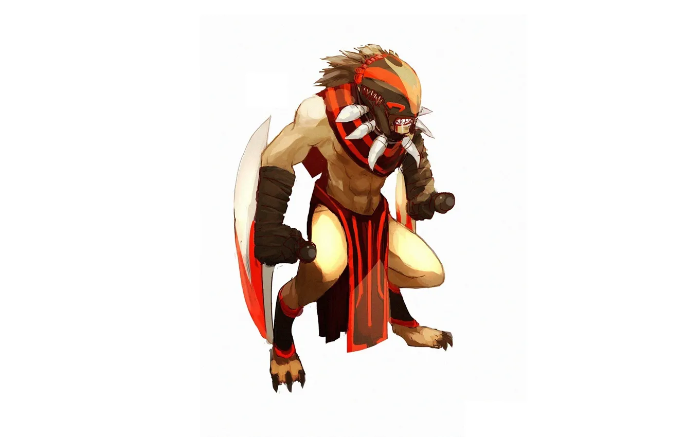 Фото обои оружие, кровь, арт, белый фон, парень, стойка, Bloodseeker, Dota 2