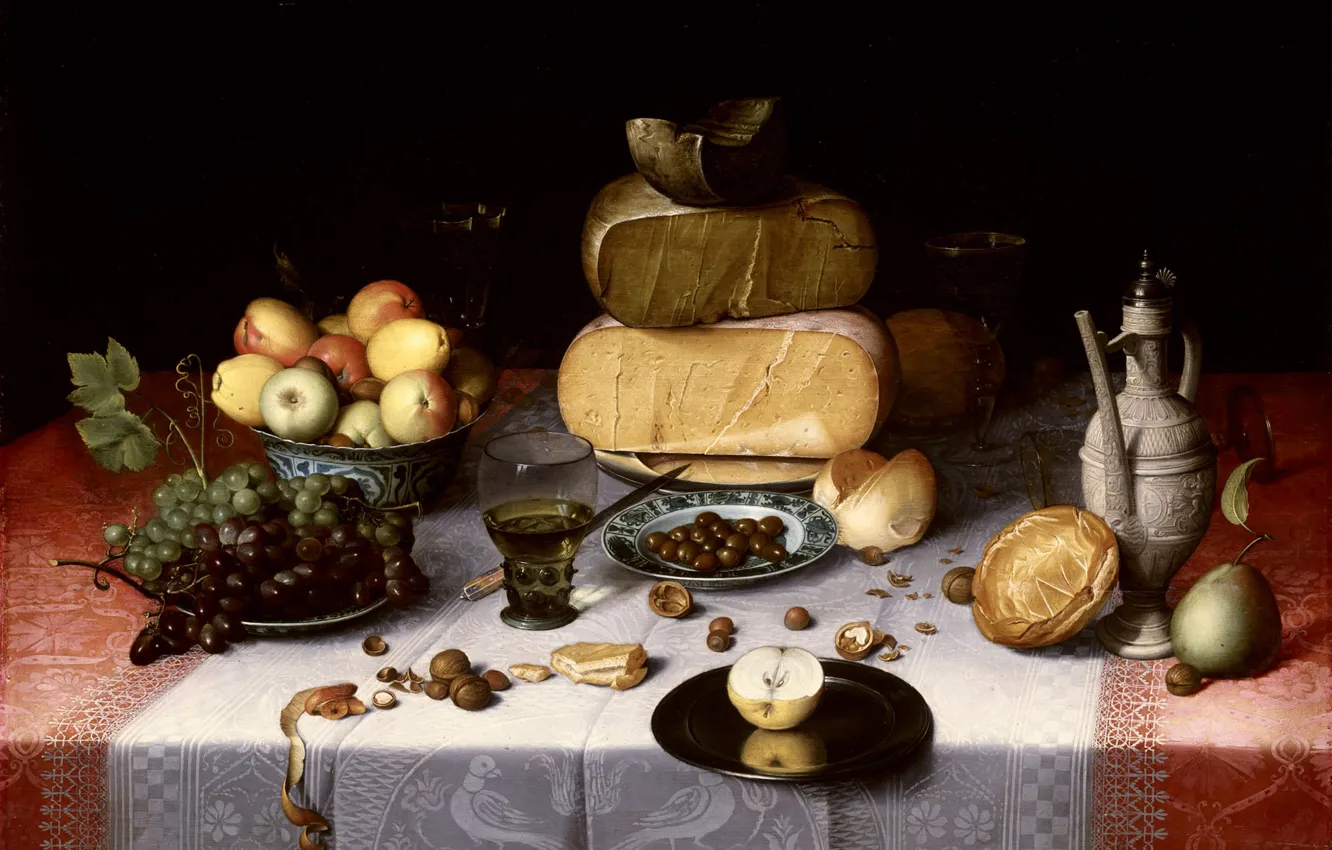 Фото обои еда, картина, виноград, кувшин, Флорис Клас ван Дейк, яблоко фрукты, Натюрморт с Сыром
