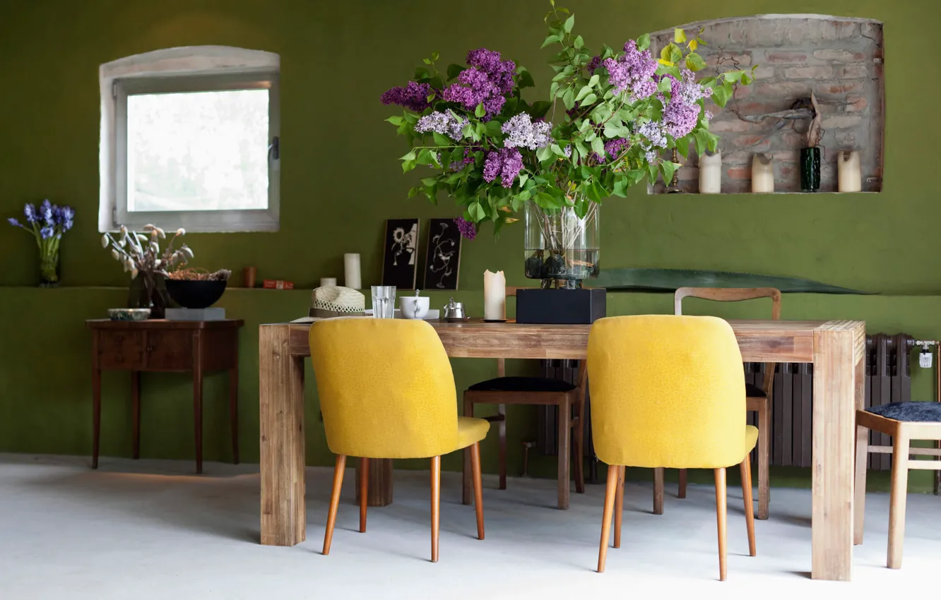 Фото обои цветы, дизайн, комната, интерьер, столовая, green dining room