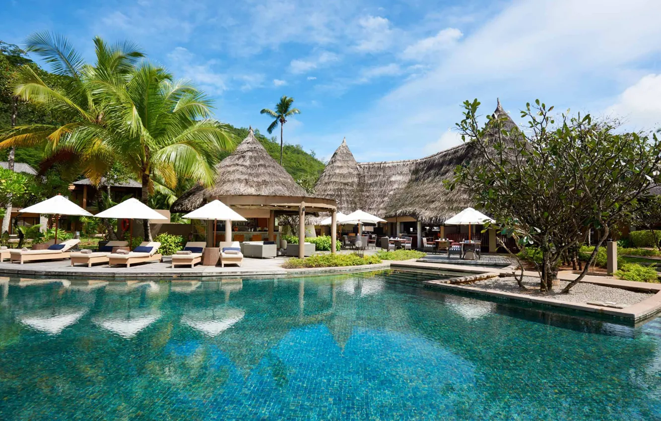 Фото обои пальмы, бассейн, Сейшелы, отель, бунгало, Constance Ephelia Resort