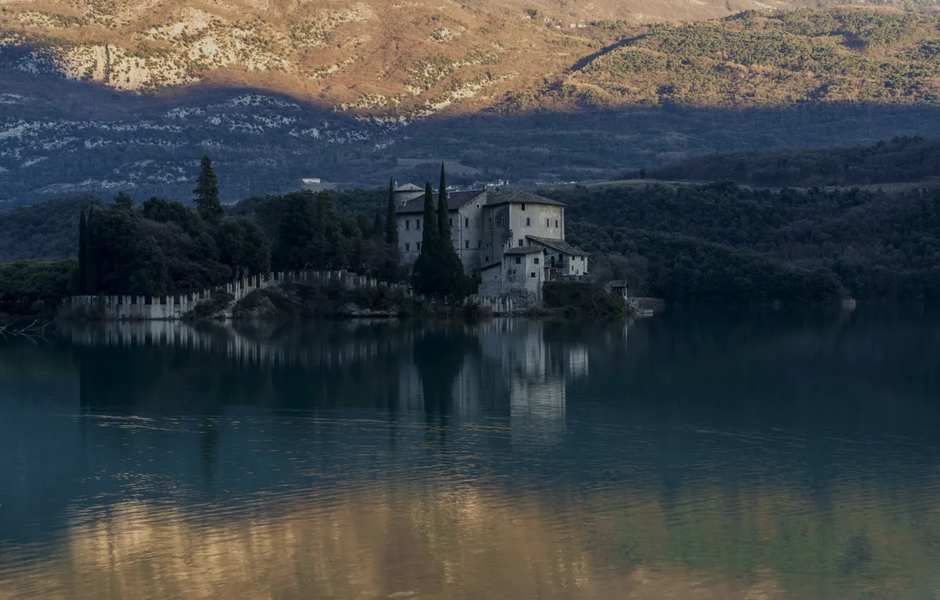 Фото обои озеро, замок, Италия, Тоблино