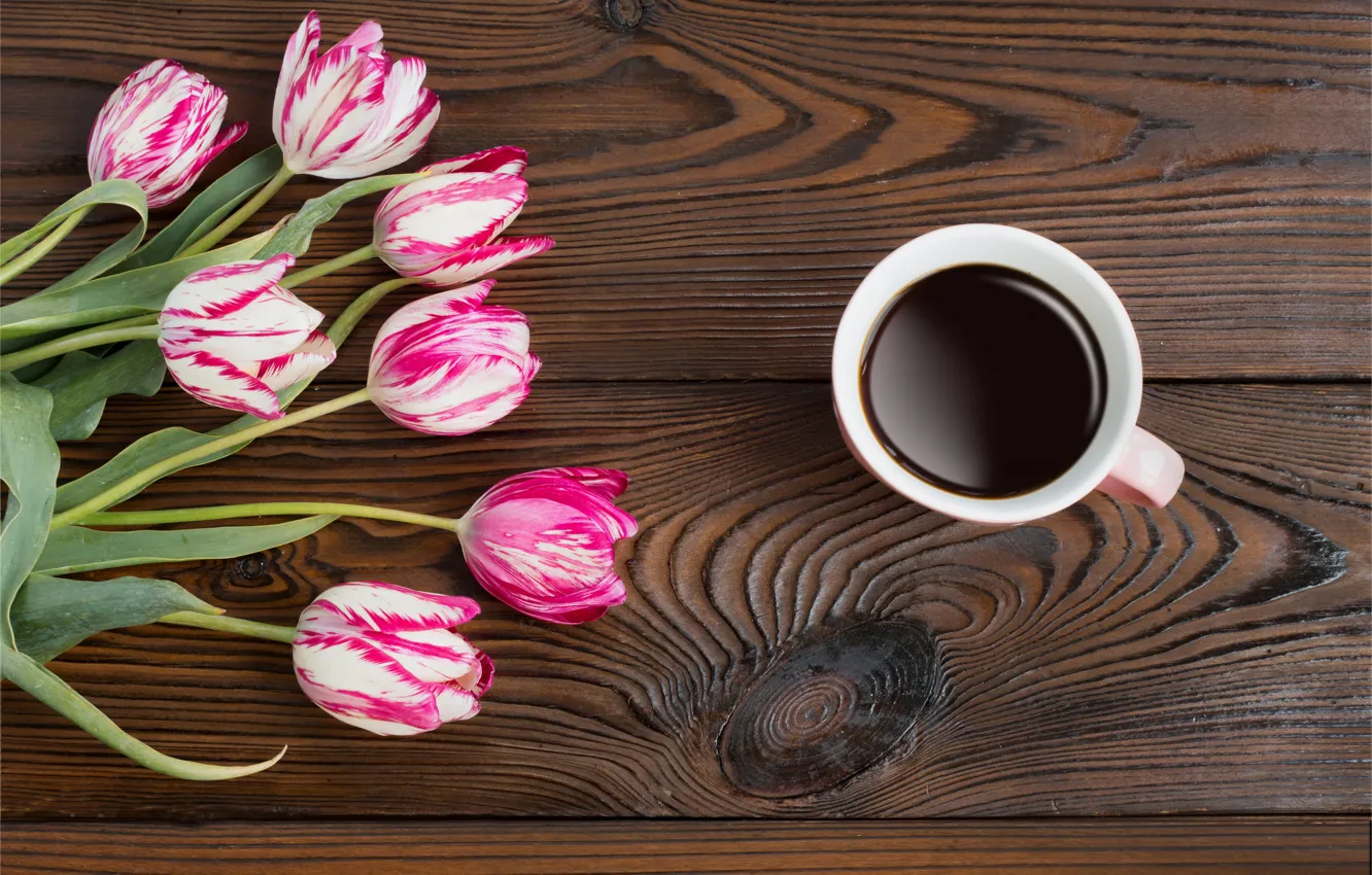Фото обои цветы, кофе, тюльпаны