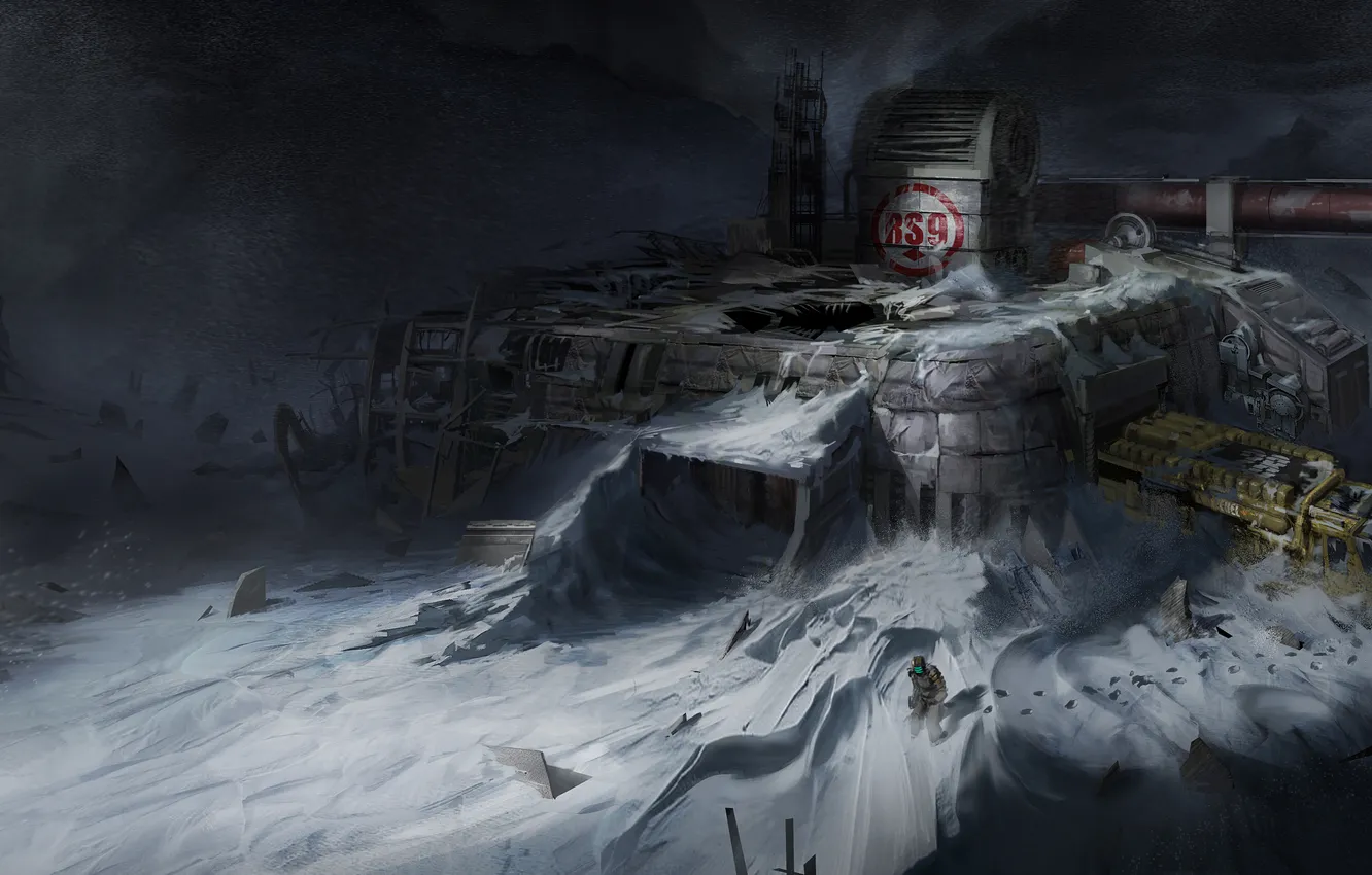 Фото обои снег, планета, станция, скафандр, мужчина, метель, Concept Art, Dead Space 3