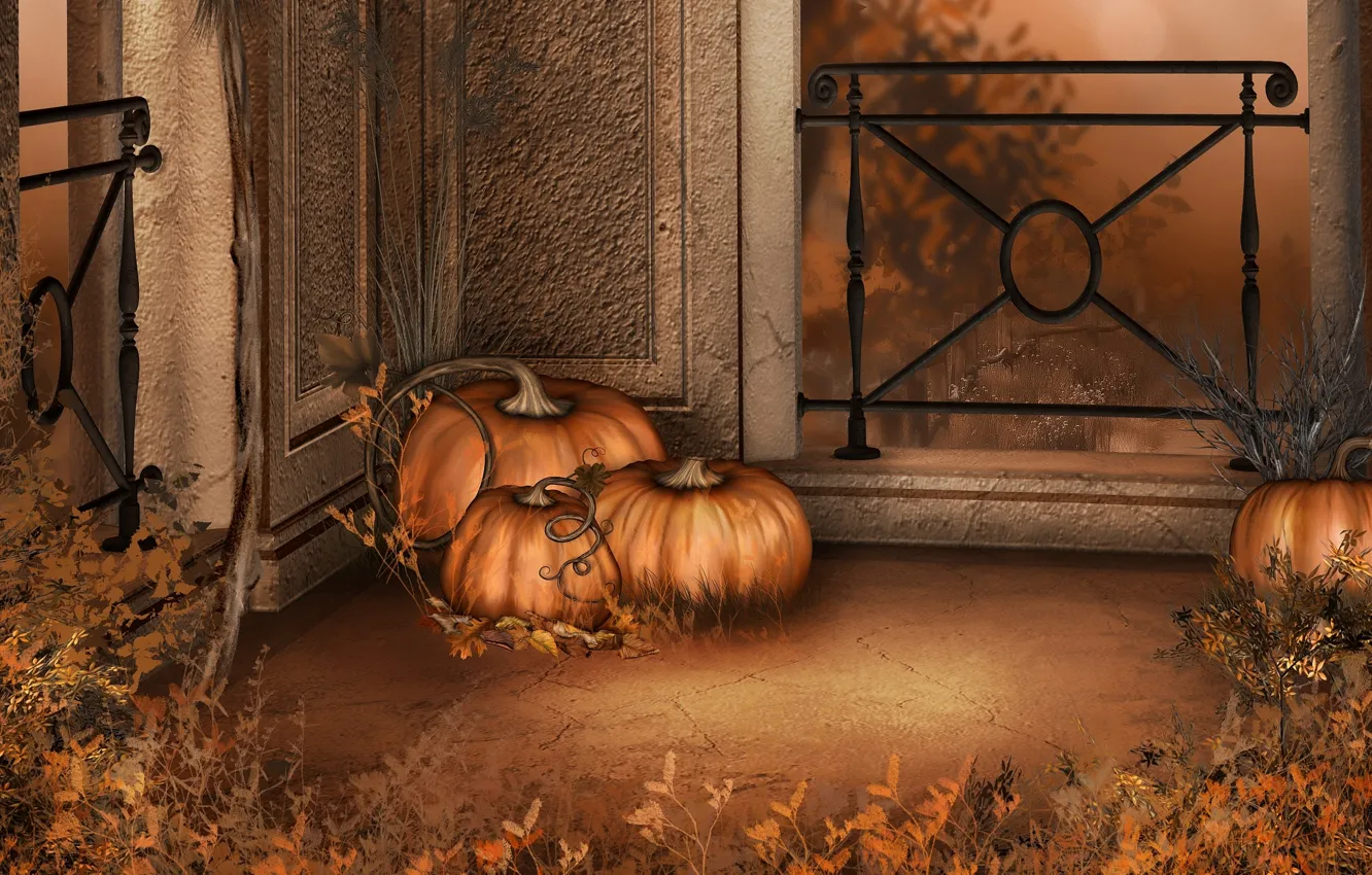 Фото обои осень, листья, праздник, тыквы, Halloween, балкон, Хэллоуин, autumn