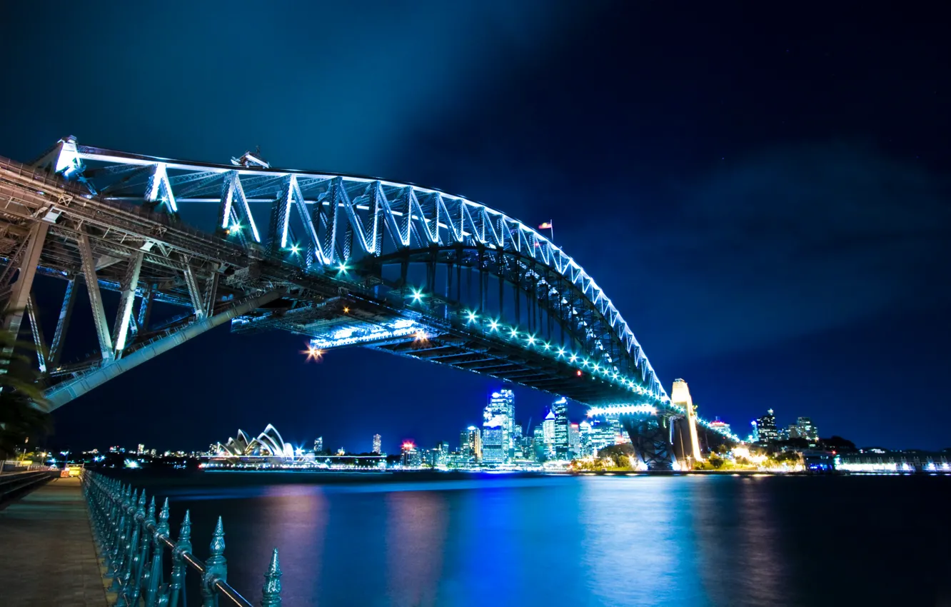 Фото обои вода, мост, огни, дома, Сидней