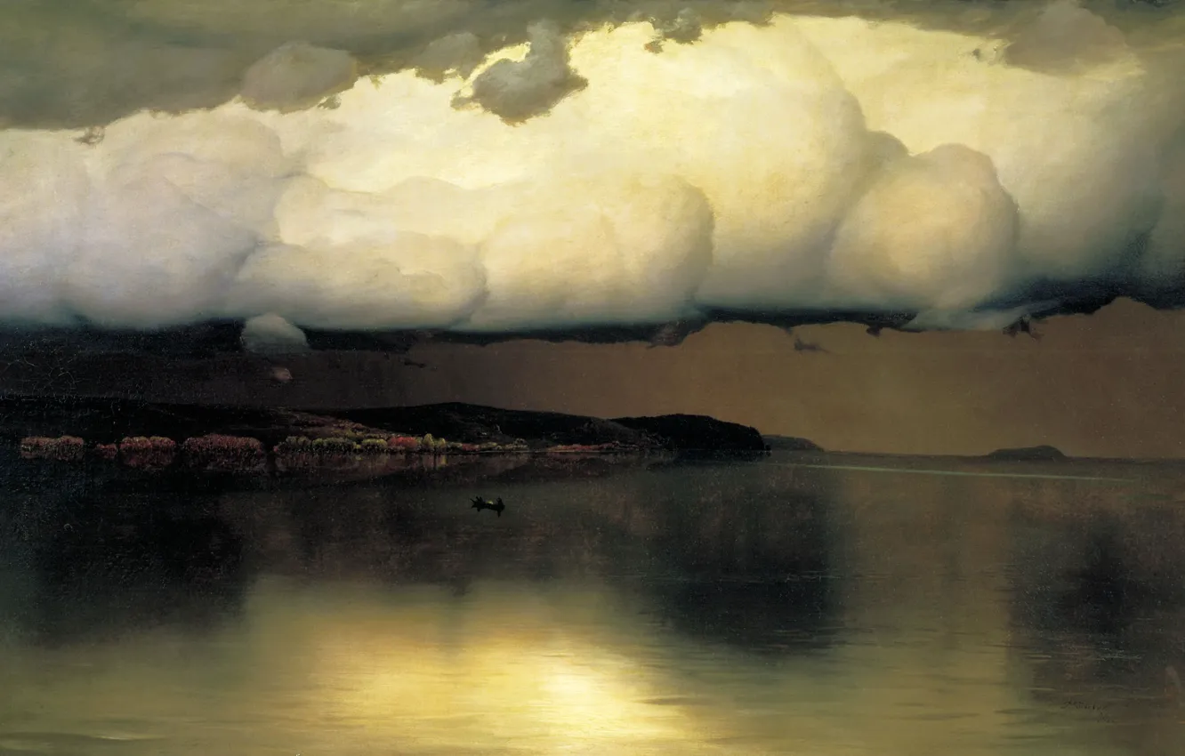 Фото обои море, пасмурно, лодка, масло, облако, Холст, 1890, Николай ДУБОВСКОЙ