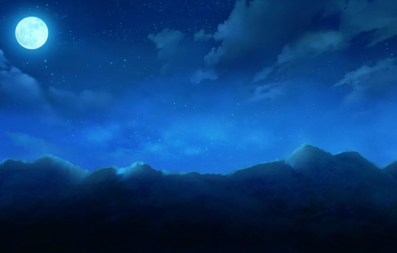Фото обои небо, облака, горы, ночь, природа, луна, аниме, арт