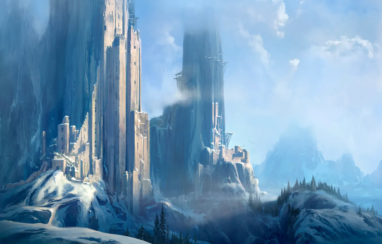 Фото обои снег, деревья, горы, башни, Castle in rocks