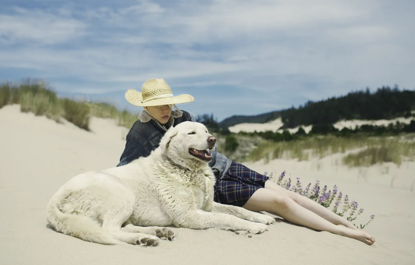 Фото обои hat, woman, dog, flowers, sand, wind, dune, sunny