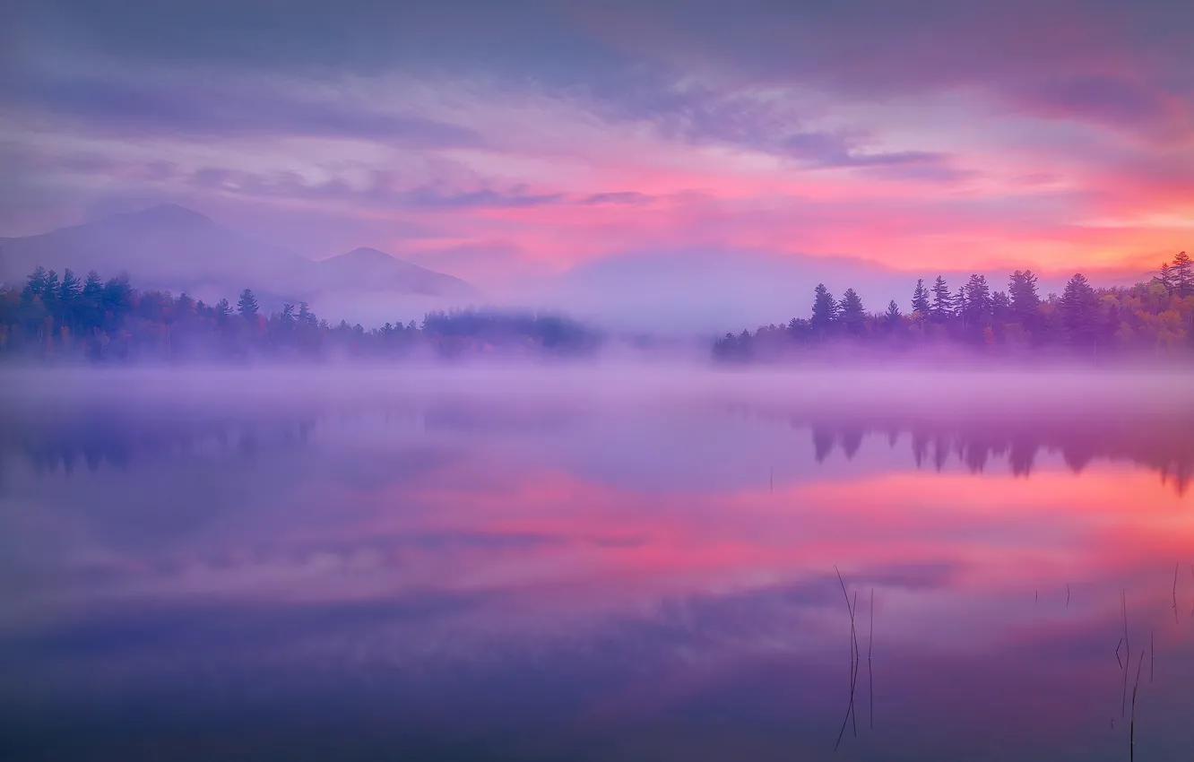 Фото обои горы, туман, озеро, отражение, рассвет, утро, штат Нью-Йорк, Adirondack Park