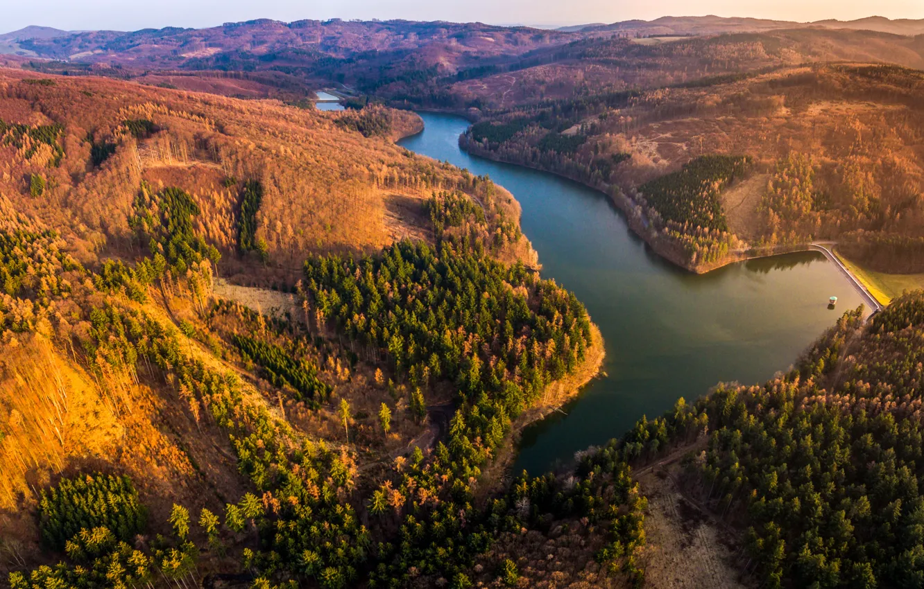 Фото обои лес, горы, река, Чехия, панорама, вид сверху, Liskovec