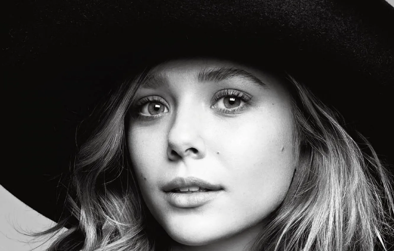 Фото обои взгляд, актриса, actress, черная шляпа, Elizabeth Olsen, Элизабет Олсен