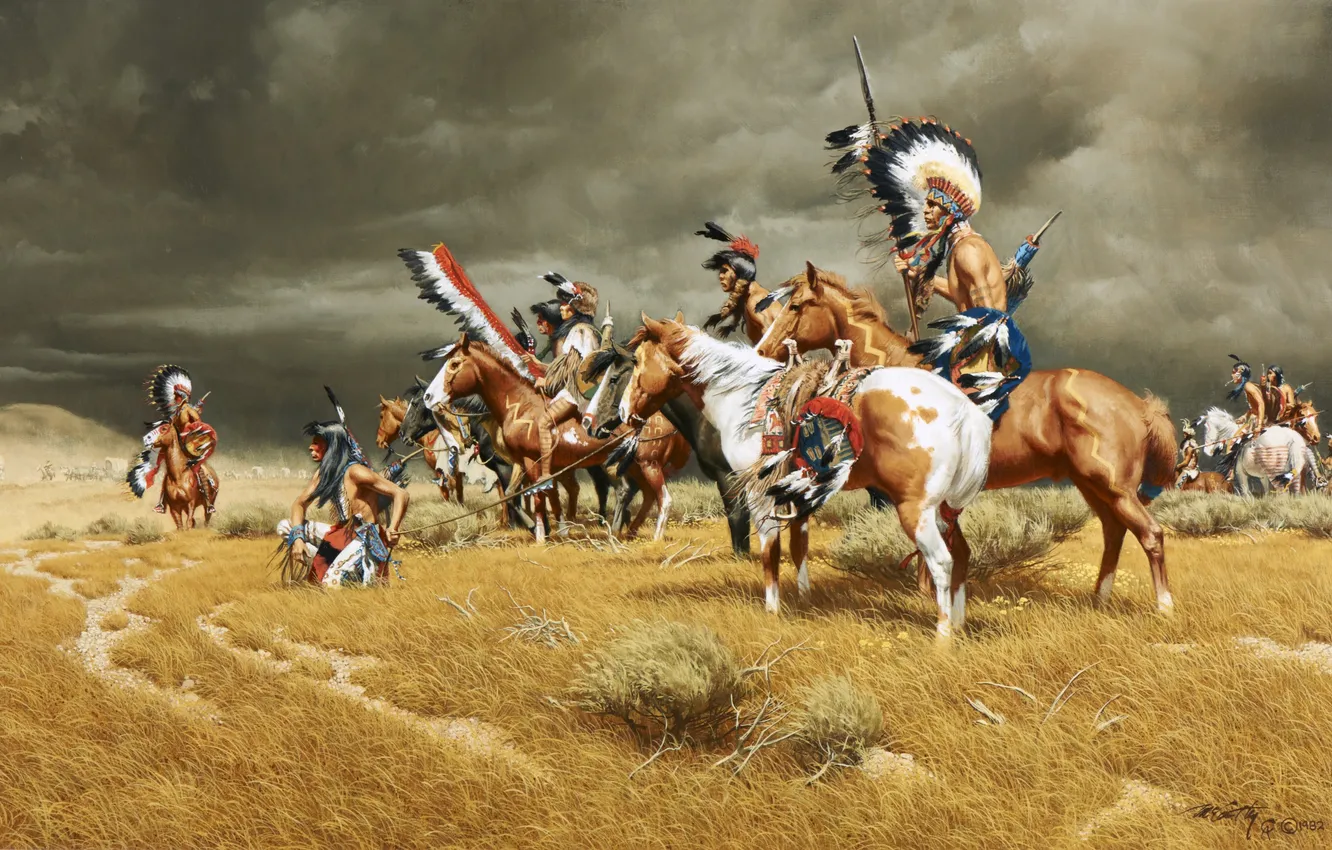 Фото обои Облака, Трава, Картина, Индейцы, Лошади, Frank McCarthy, Американский художник, Наблюдая за фургонами