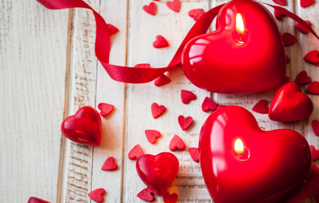 Фото обои ленты, свечи, red, love, romantic, hearts, valentine`s day