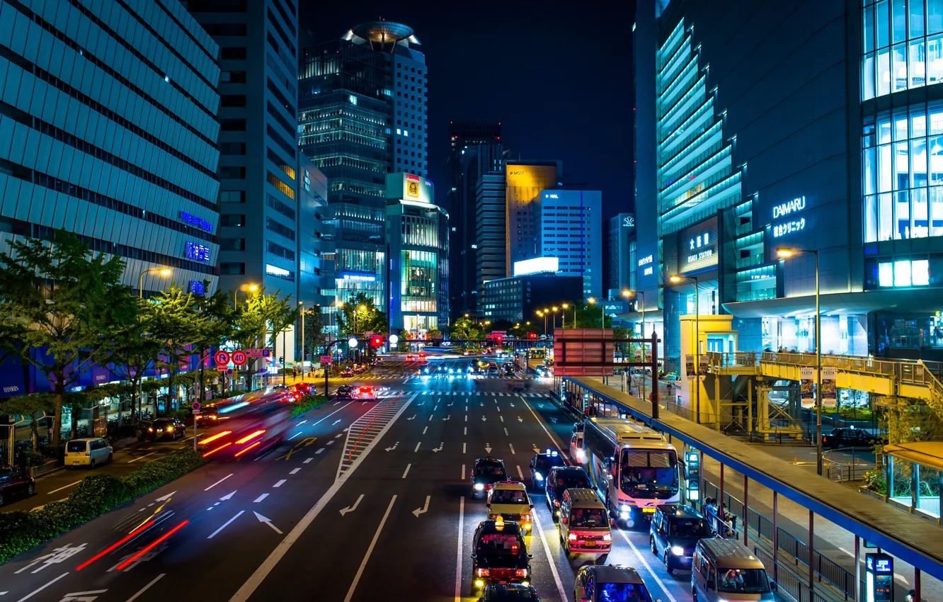 Фото обои город, улица, Япония, освещение, трафик, небоскрёбы, мегаполис, Osaka