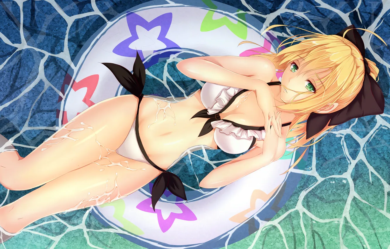 Фото обои girl, sexy, wet, Fate Stay Night, cleavage, beach, green eyes, legs