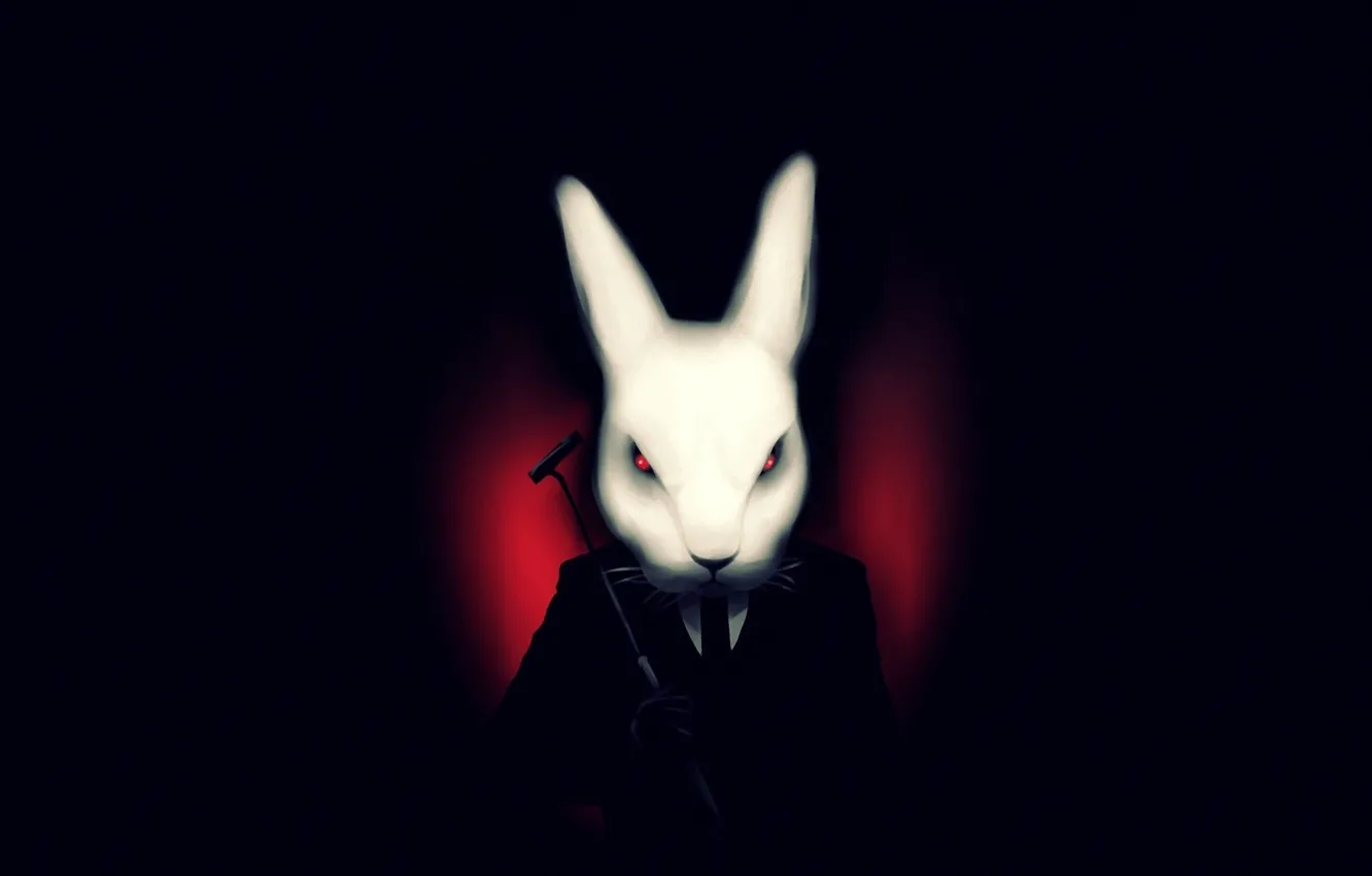 Фото обои белый, темный фон, кролик, арт, костюм, misfits