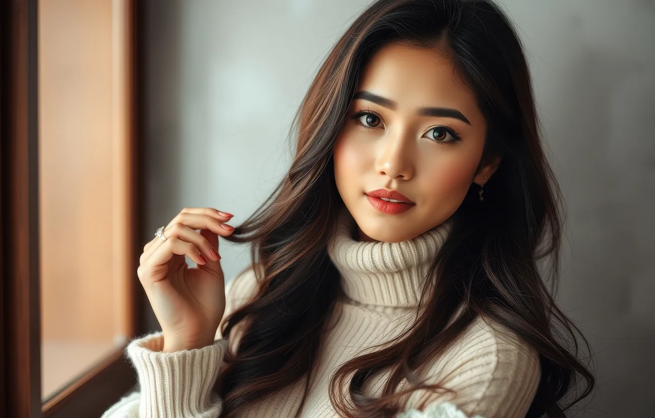 Фото обои взгляд, девушка, лицо, портрет, макияж, азиатка, ИИ-арт, НЕЙРОСЕТЬ