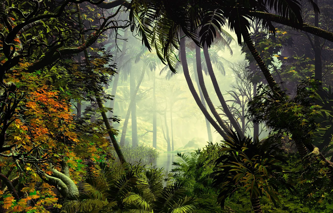 Фото обои лес, растительность, водоём, смешанный, Exciting Jungle