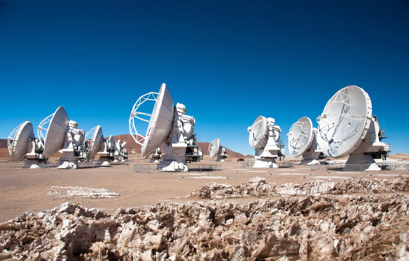 Фото обои антенны, обсерватория, радиотелескопы, Chilean Andes, antennas, Chajnantor Plateau, Giant Radio Telescope ALMA in Chile